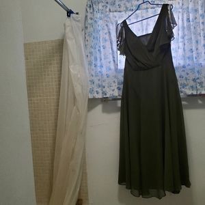 David's Bridal Bridesmaid Dress with Flutter Sleeve Full Skirt Martini Olive